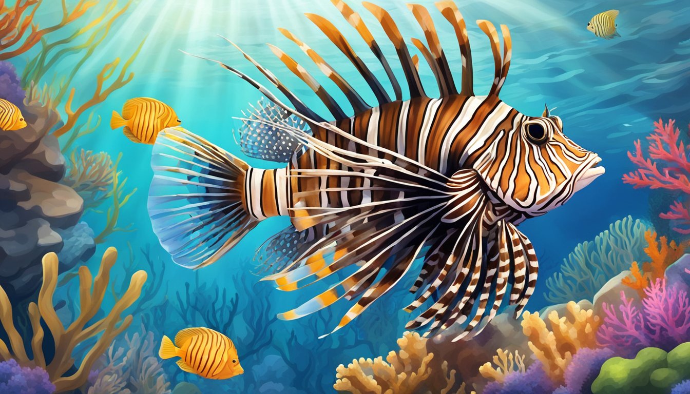 A lionfish swims in a coral reef, surrounded by colorful marine life