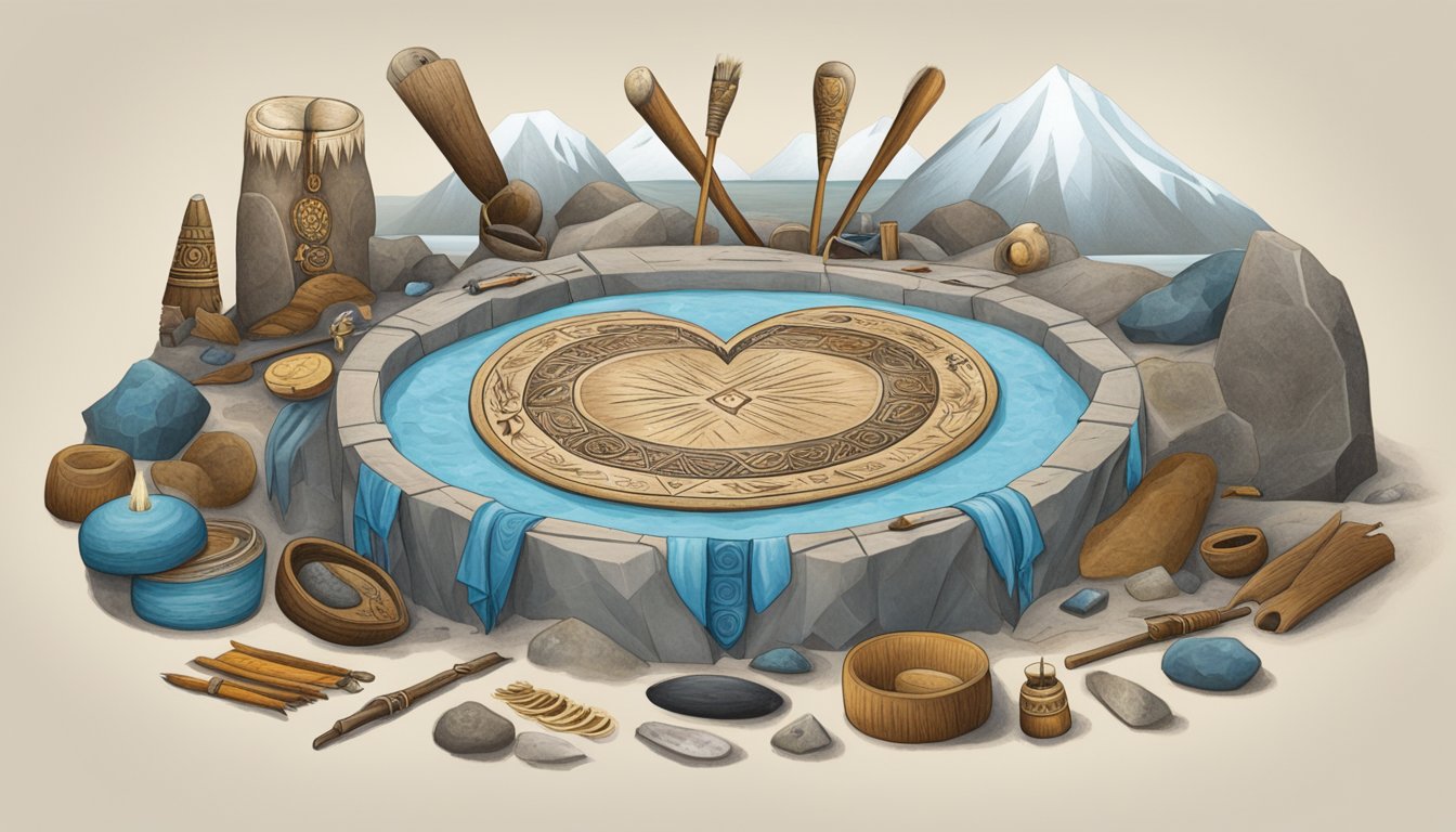 A seal heart being ceremonially prepared, surrounded by traditional tools and symbols of Inuit culture