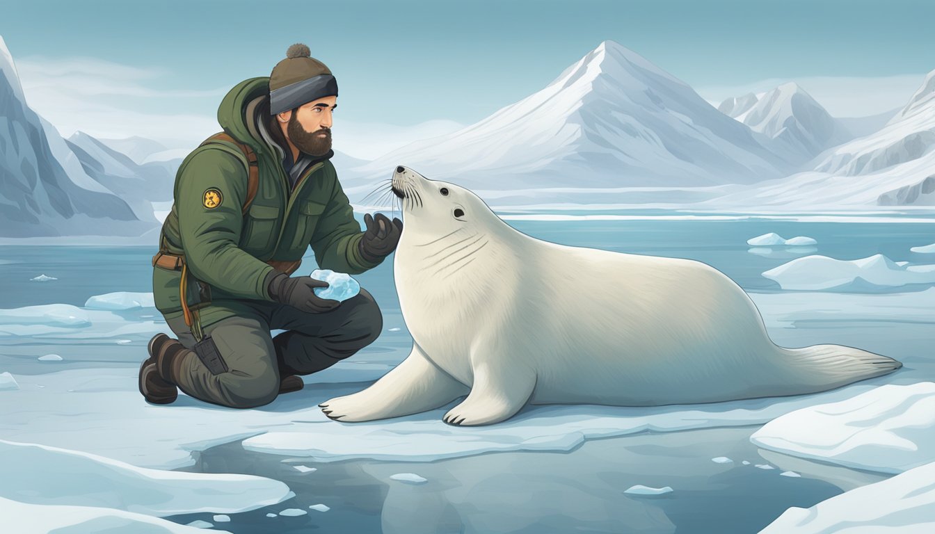 A hunter holds a raw seal heart, surrounded by ice and snow in the Arctic