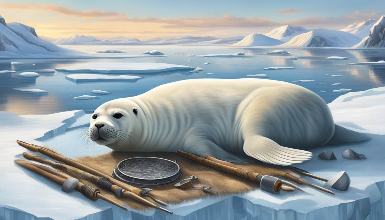 A seal heart laid on a bed of ice, surrounded by traditional Inuit hunting tools and a backdrop of snowy Arctic landscape