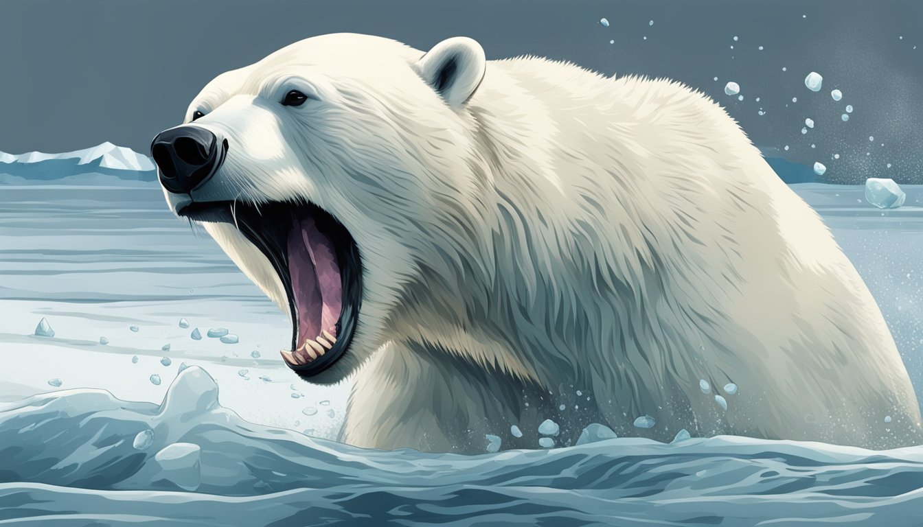 A polar bear tears into a freshly caught seal, its sharp teeth sinking into the raw heart