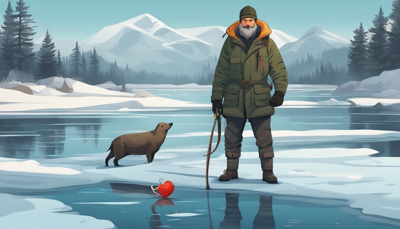 A hunter standing on an icy shore, holding a bloody seal heart. The modern hunting equipment and the strange meal choice are visible