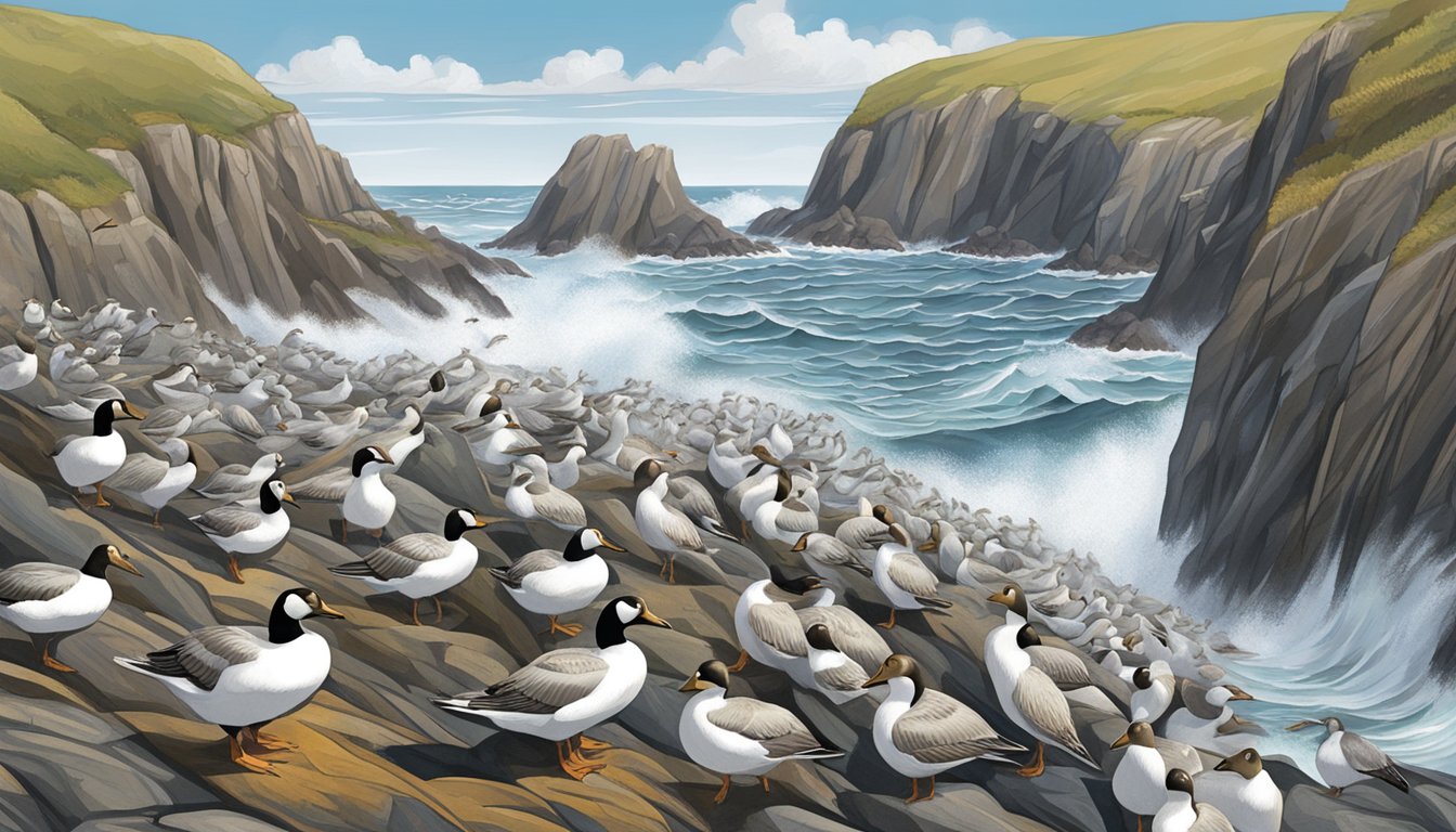 Goose barnacles cling to rocky coastal cliffs, surrounded by crashing waves and seabirds