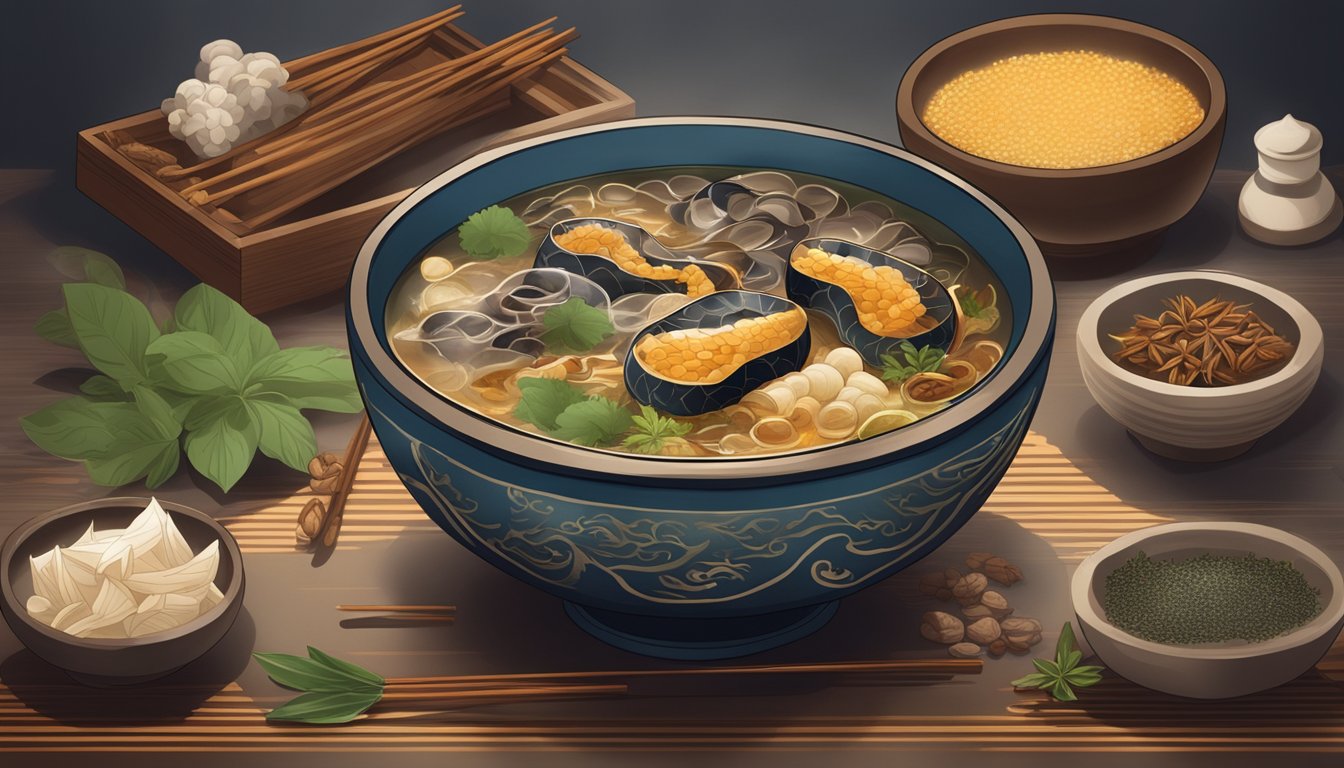 A steaming bowl of snake soup surrounded by traditional Chinese herbs and spices, with a pair of chopsticks resting on the side