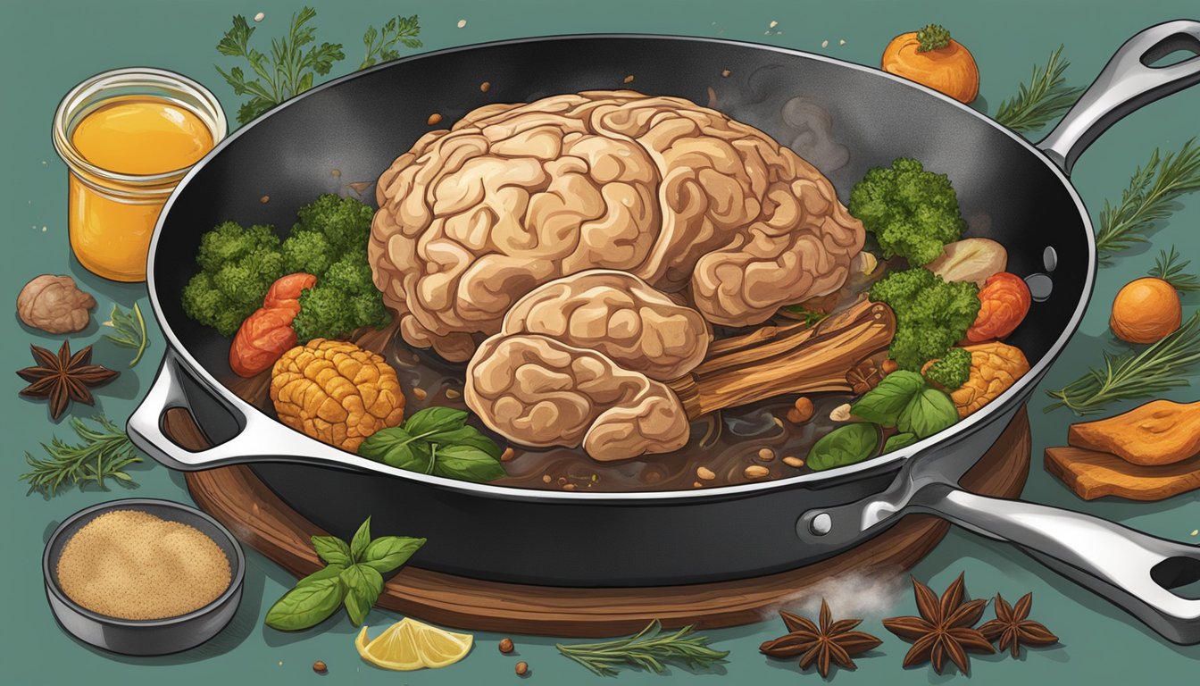 A skillet sizzles as a cow brain is fried, releasing a savory aroma. The brain is being prepared with spices and herbs, surrounded by cooking utensils and ingredients