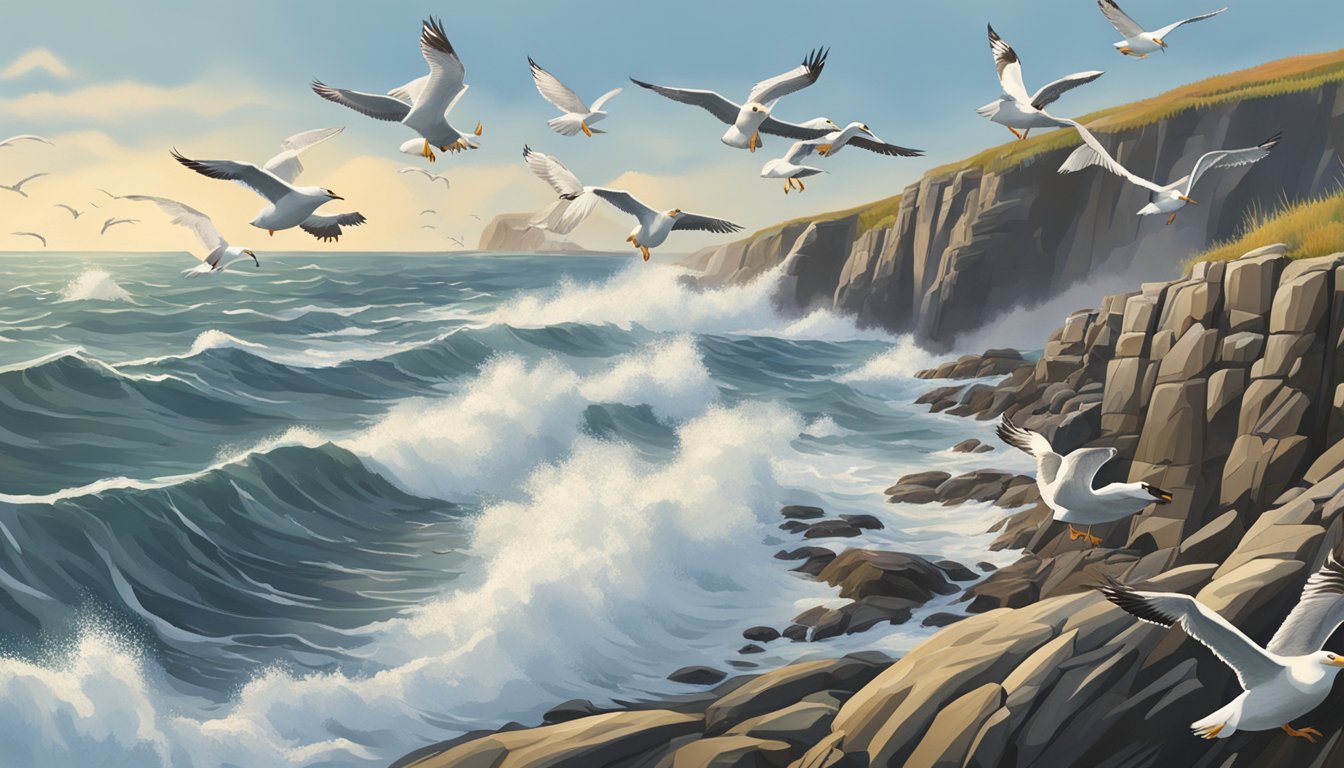 Goose barnacles clinging to rocky coastal cliffs, waves crashing, seagulls circling above