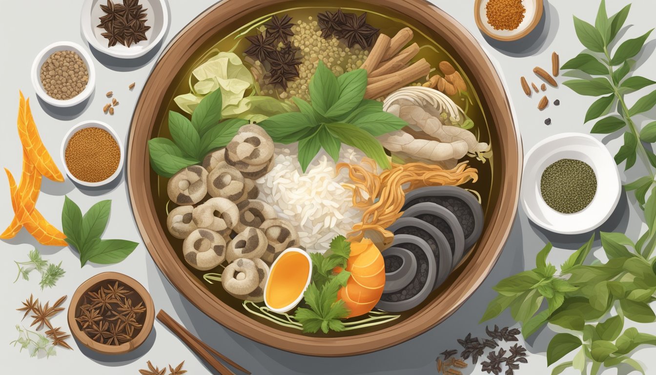 A steaming bowl of snake soup surrounded by traditional Chinese herbs and spices, with a focus on the unique ingredients and nutritional benefits