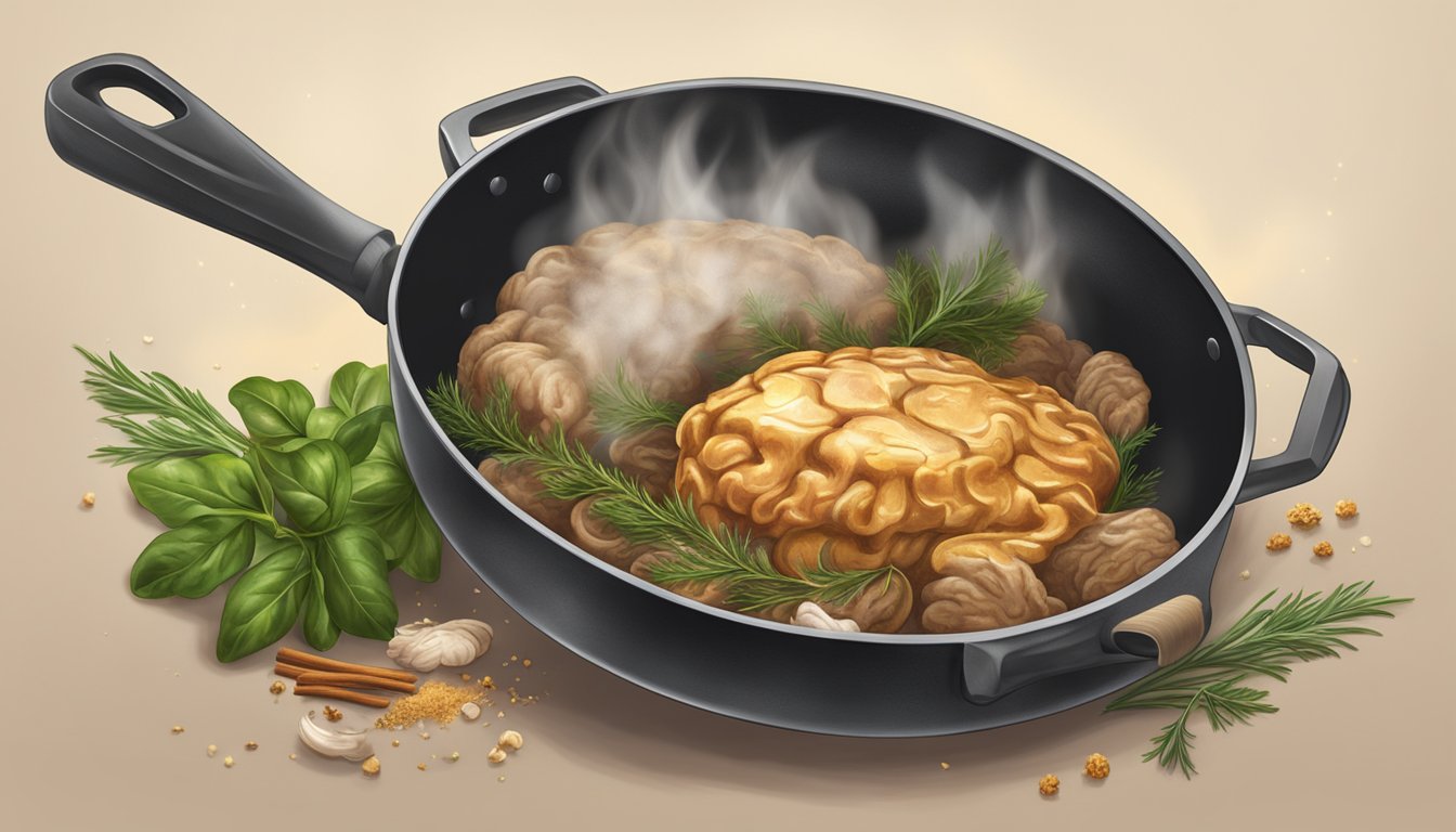 A sizzling skillet holds a golden-brown cow brain, crispy and glistening with oil. Steam rises from the delicacy, surrounded by scattered herbs and spices