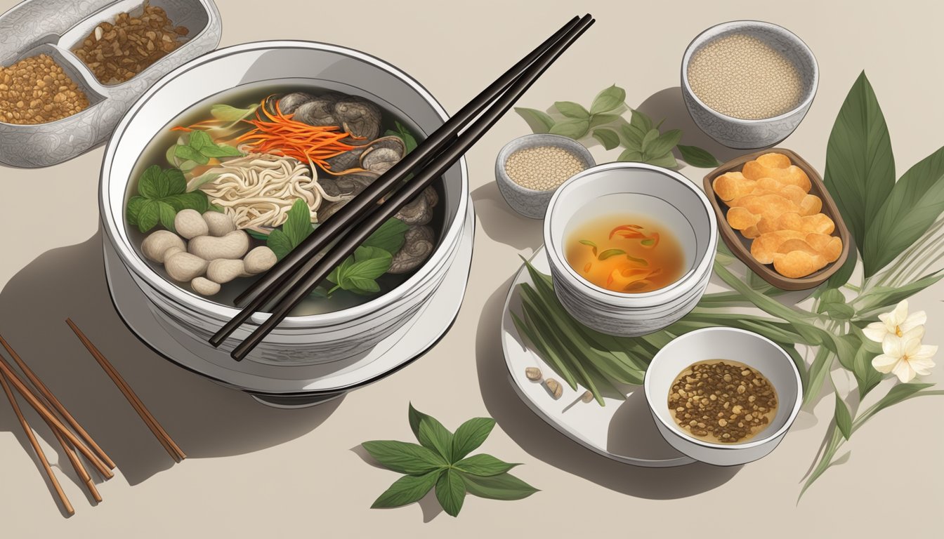 A steaming bowl of snake soup surrounded by traditional Chinese herbs and ingredients, with a pair of chopsticks resting on the side