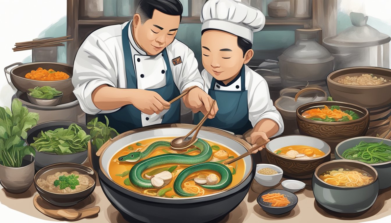 A chef expertly prepares snake soup, surrounded by traditional Chinese cooking utensils and ingredients, showcasing the unique culinary tradition