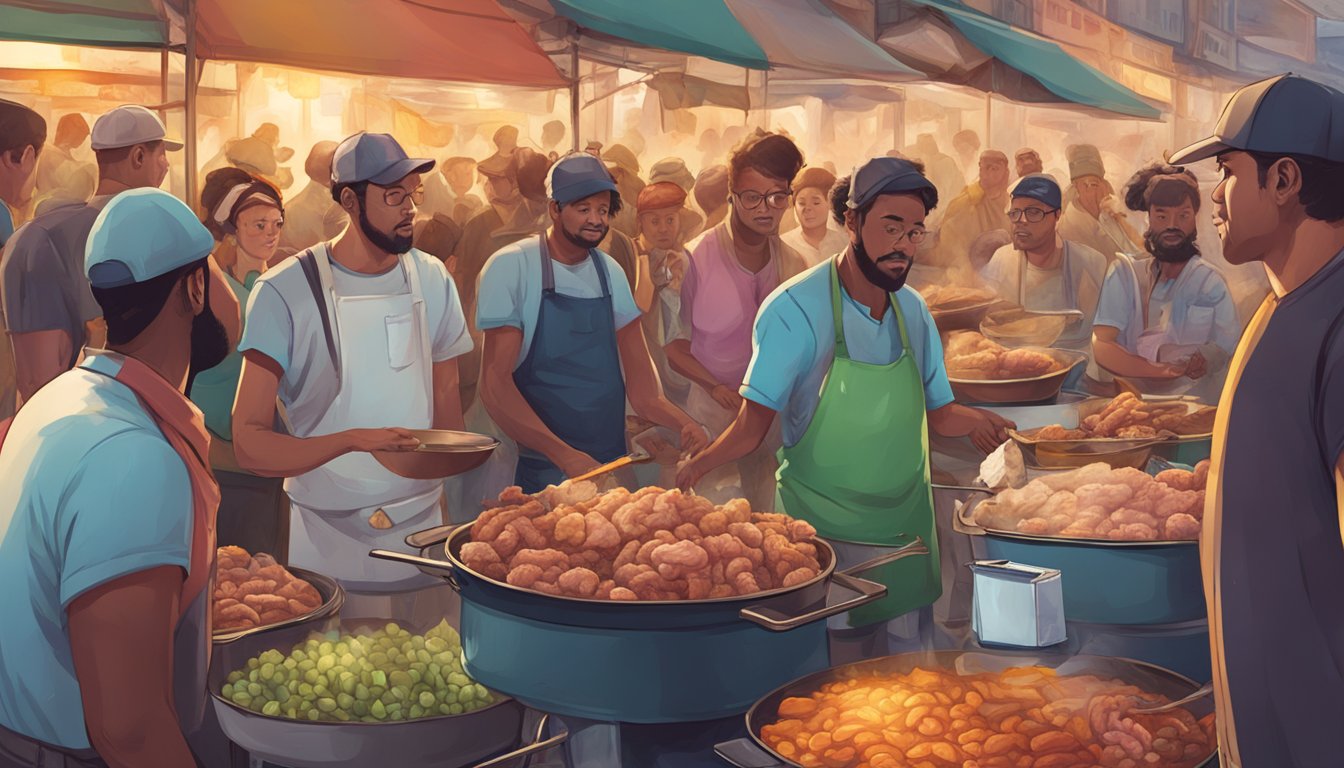 A crowded street food market with vendors frying cow brains, curious onlookers, and a mix of reactions from disgust to intrigue