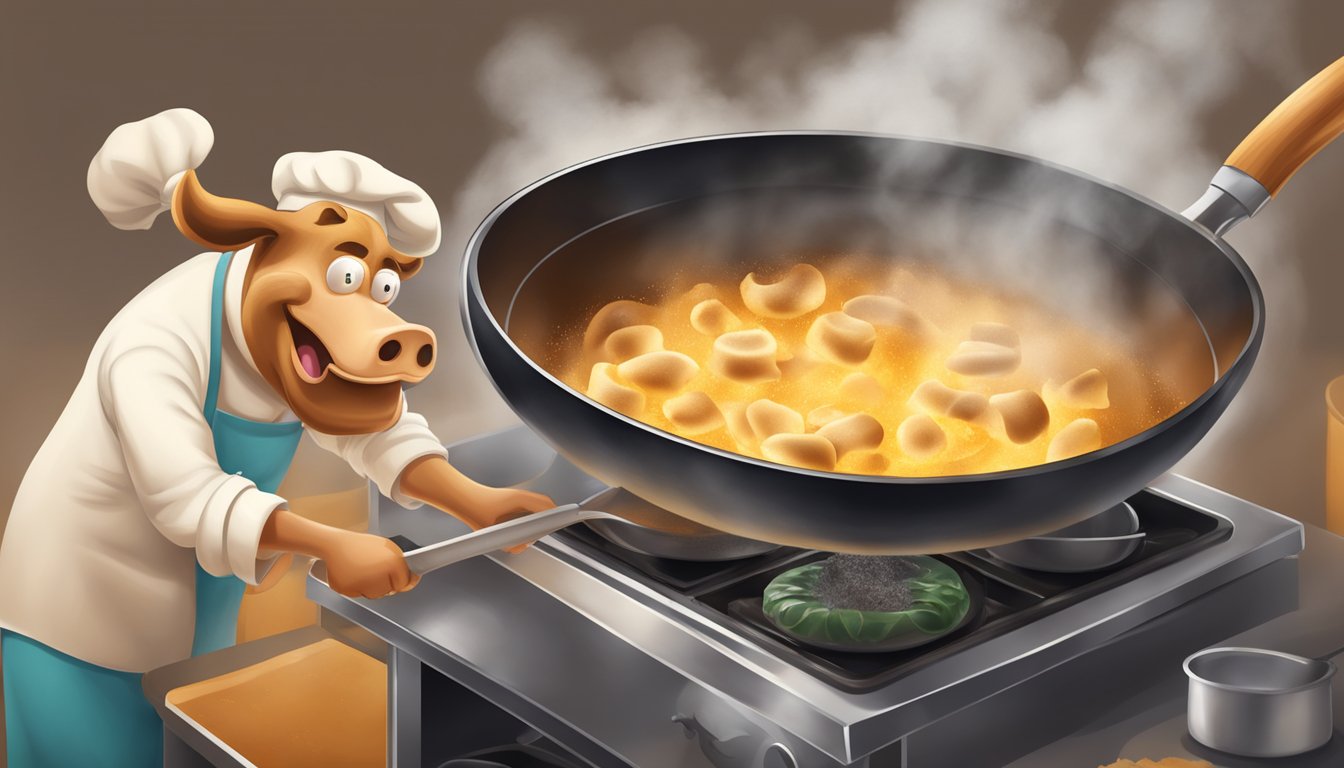 A chef frying slices of cow udder in a sizzling pan, with steam rising and a golden brown crust forming