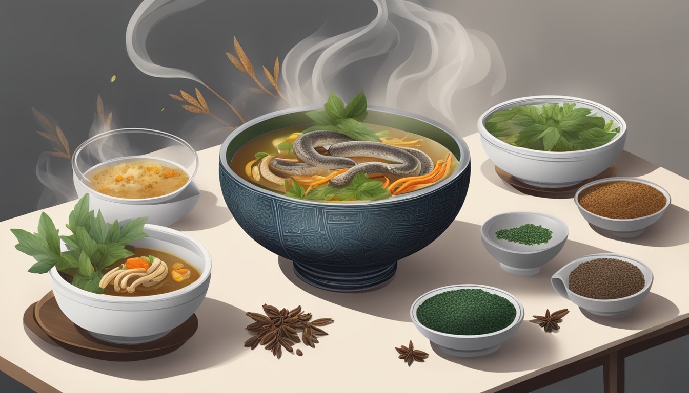 A steaming bowl of snake soup surrounded by traditional Chinese herbs and spices, served on a modern table setting