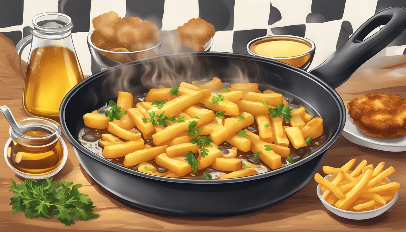 A sizzling pan with bubbling oil fries a sliced cow udder