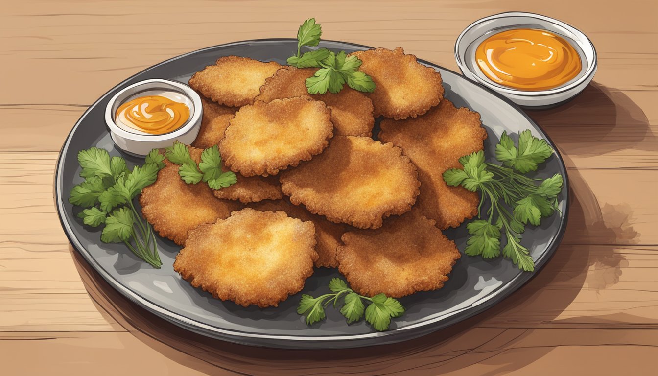 A plate of golden-brown fried cow udder slices, garnished with fresh herbs and served with a side of tangy dipping sauce