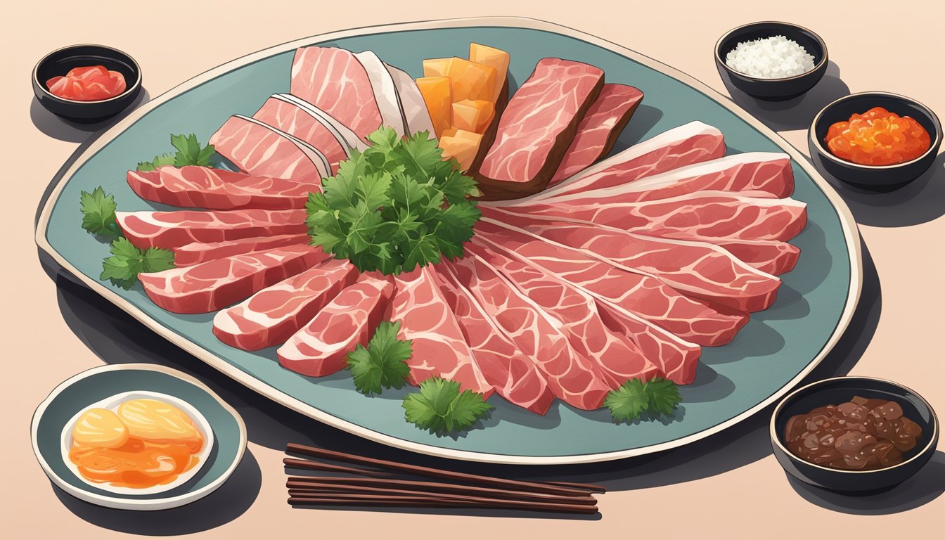 A plate of thinly sliced horse meat arranged in an artistic manner, accompanied by traditional Japanese condiments and garnishes