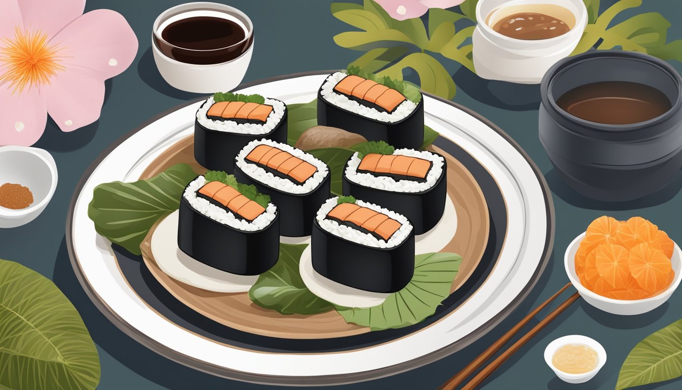 A plate with neatly arranged spam musubi, surrounded by decorative garnishes and accompanied by a side of pickled ginger and soy sauce