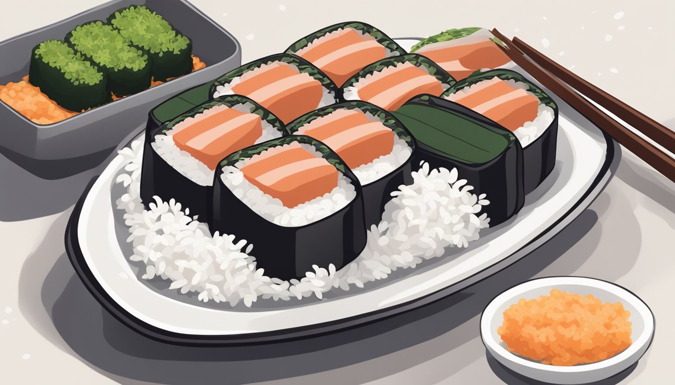 A plate with freshly made spam musubi surrounded by a bed of steaming white rice