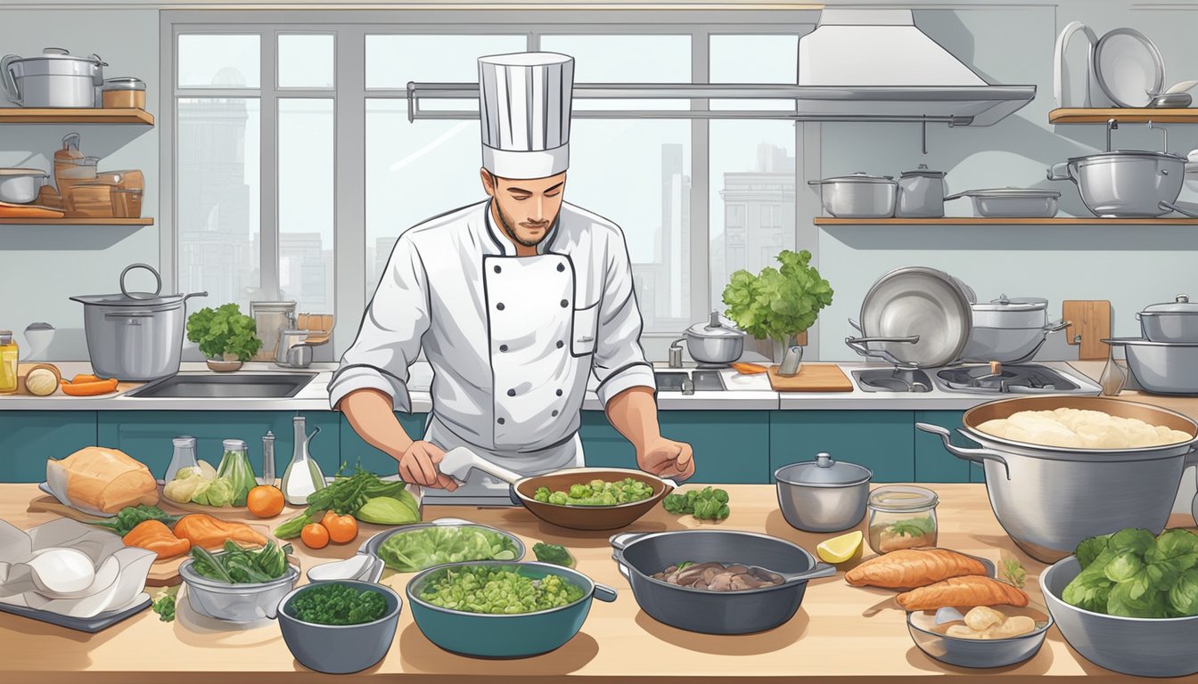 A chef preparing monkfish liver delicacies on a clean, well-lit kitchen counter, surrounded by various cooking utensils and fresh ingredients