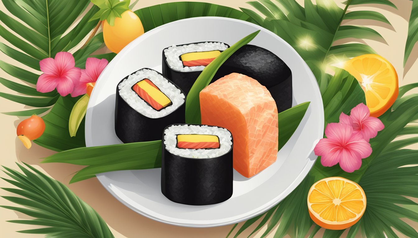 A plate of spam musubi surrounded by tropical fruits and palm leaves on a bamboo mat