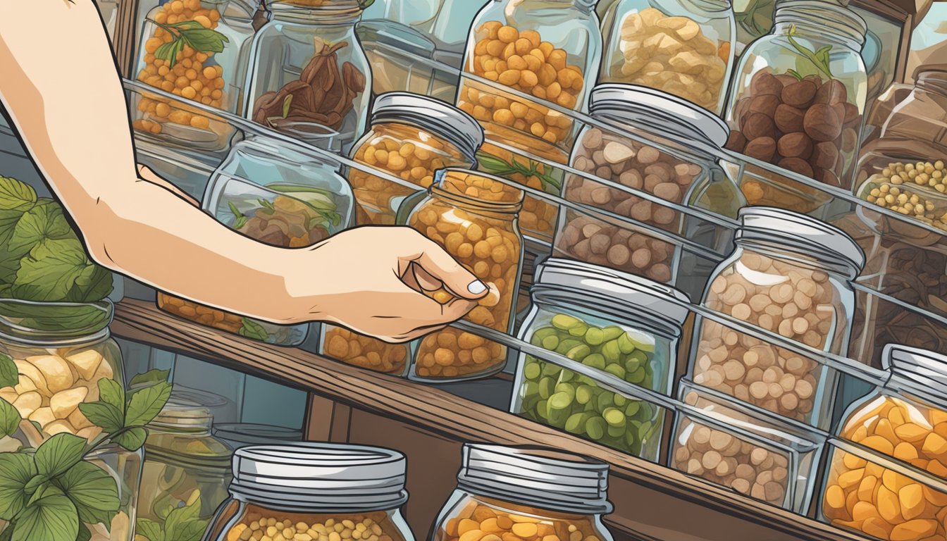 A hand reaching into a glass case filled with jars of monkfish liver delicacies, surrounded by shelves of exotic ingredients