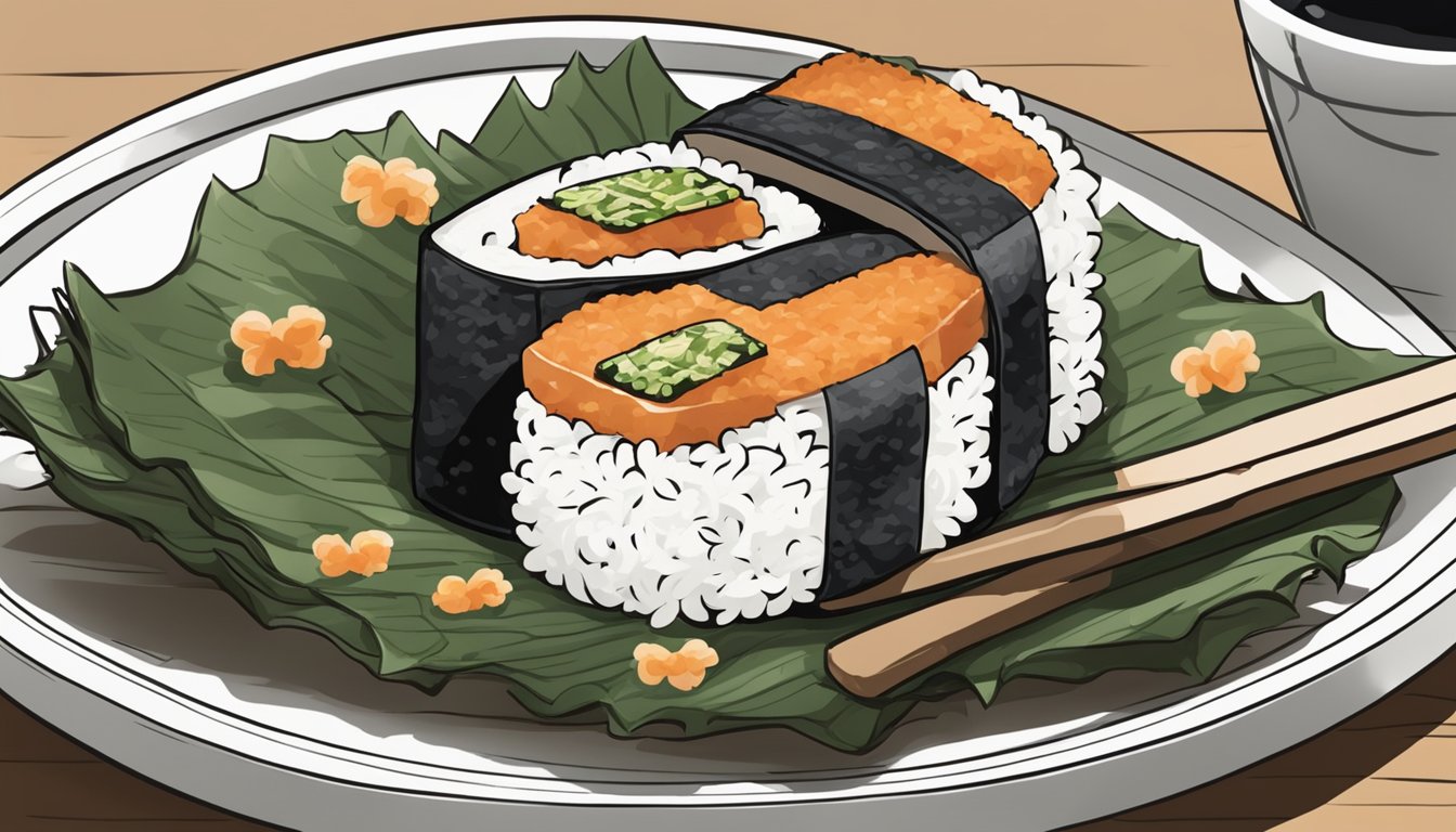 A plate with a single spam musubi, neatly wrapped in seaweed and rice, ready to be enjoyed