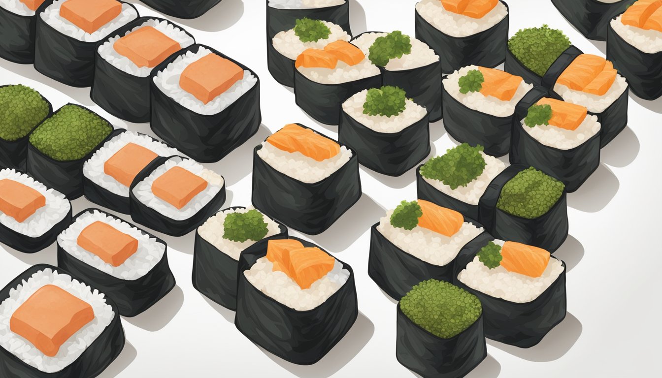 A kitchen counter with a row of neatly assembled spam musubi, wrapped in seaweed and resting on a clean, white plate