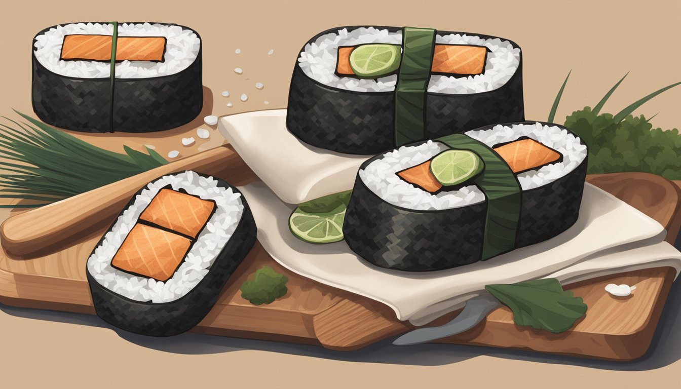 A wooden cutting board with a row of freshly made spam musubi, neatly wrapped in seaweed and rice, ready to be served