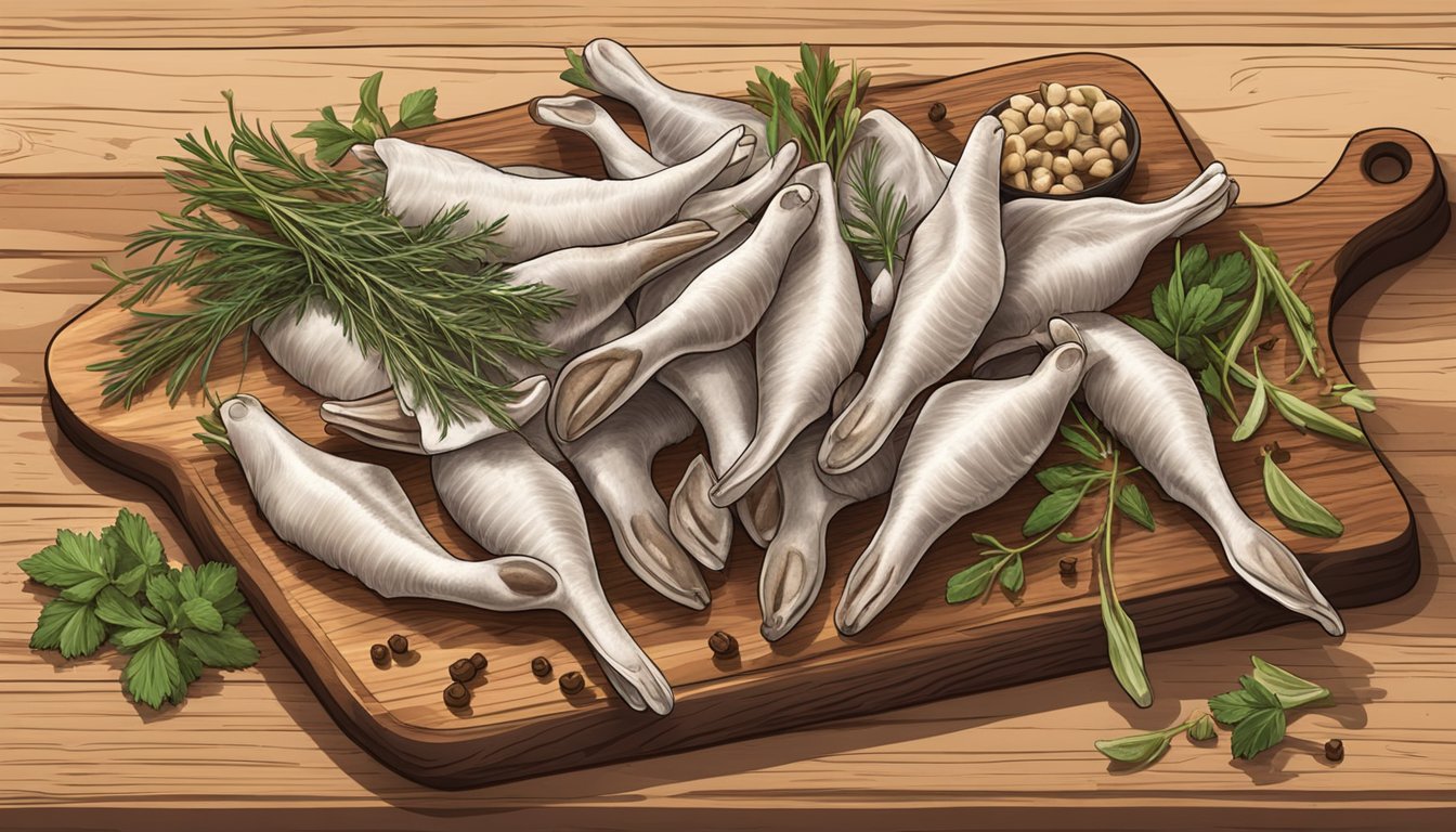 A pile of duck feet arranged on a rustic wooden cutting board, surrounded by scattered herbs and spices