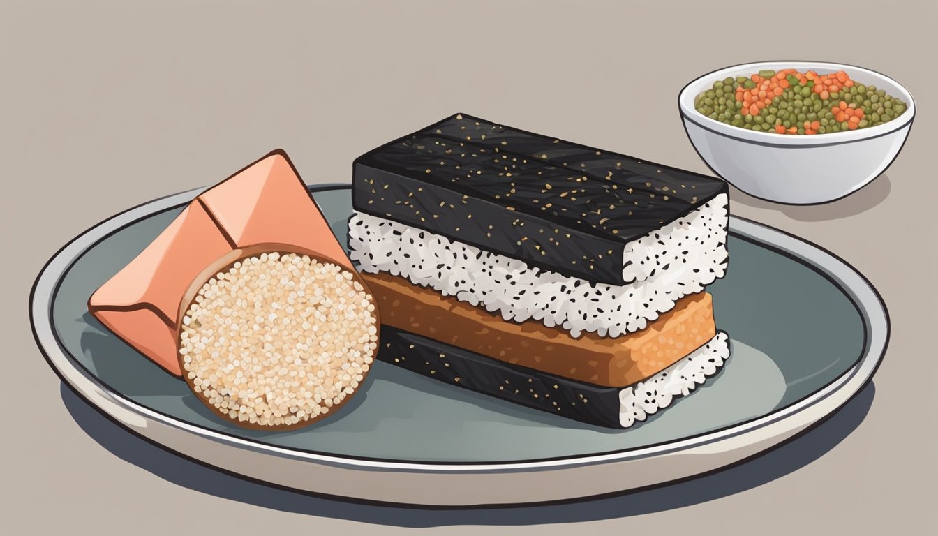 A plate with a neatly arranged stack of spam musubi, garnished with a sprinkle of sesame seeds and accompanied by a side of pickled ginger