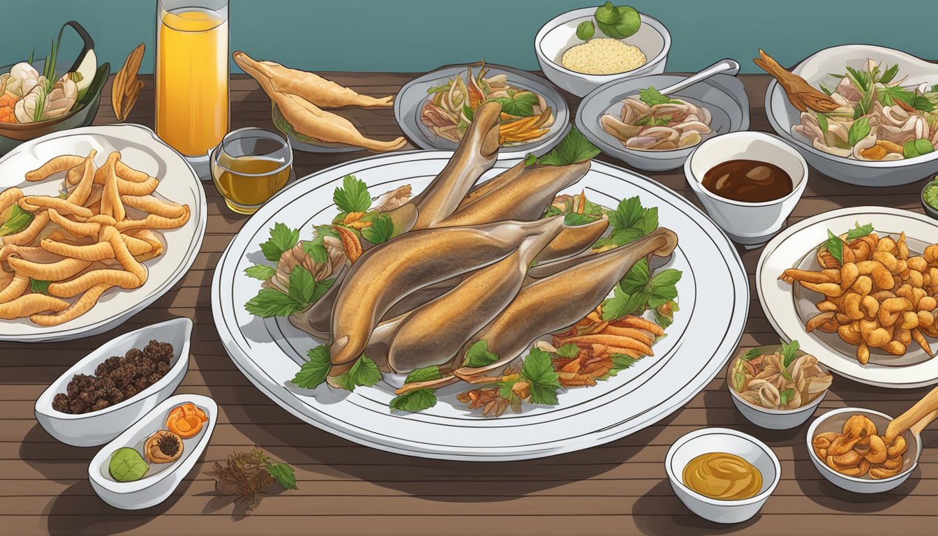 A plate of duck feet surrounded by other exotic delicacies