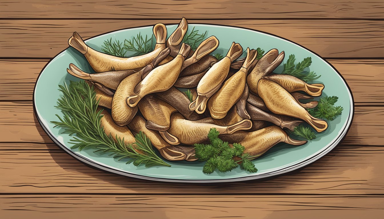 A plate of duck feet surrounded by herbs and spices on a rustic wooden table