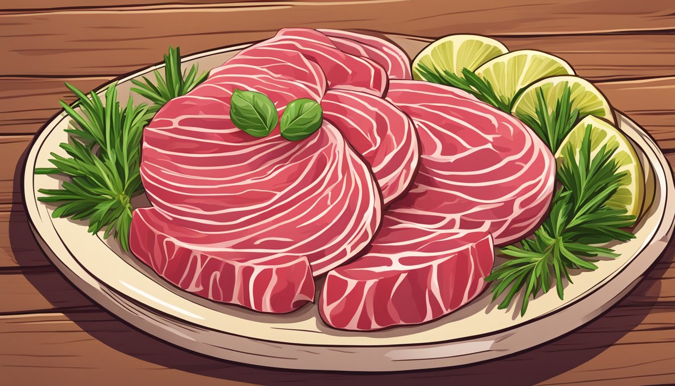 A plate of thinly sliced raw horse meat with garnishes on a wooden surface