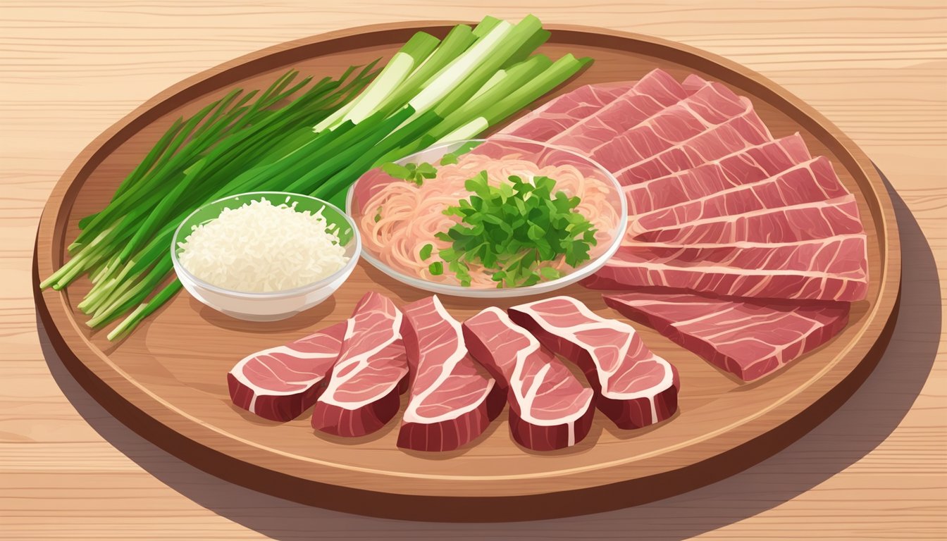 A plate of thinly sliced raw horse meat, garnished with green onions and grated ginger, served on a wooden platter