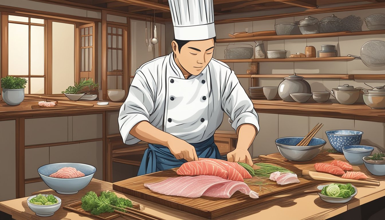 A chef slicing fresh horse sashimi, surrounded by traditional Japanese kitchen tools and ingredients