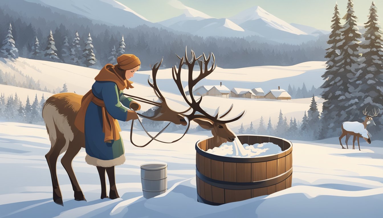 A reindeer grazing in a snowy field, while a woman milks it into a wooden pail. The milk sits in a wooden barrel, bubbling with fermentation