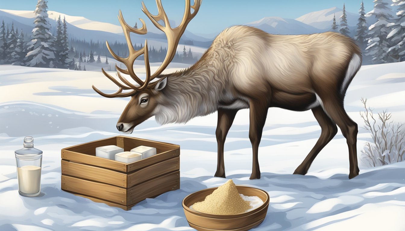 A reindeer grazing in a snowy landscape, with a traditional wooden container of fermented reindeer milk nearby