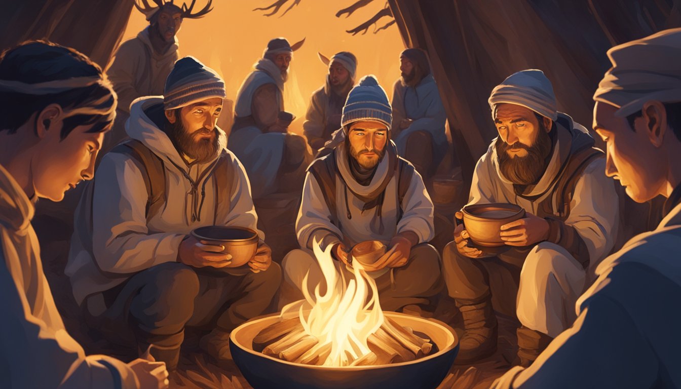 A group of nomads gather around a campfire, passing around wooden bowls filled with thick, creamy fermented reindeer milk, their faces illuminated by the warm glow of the flames