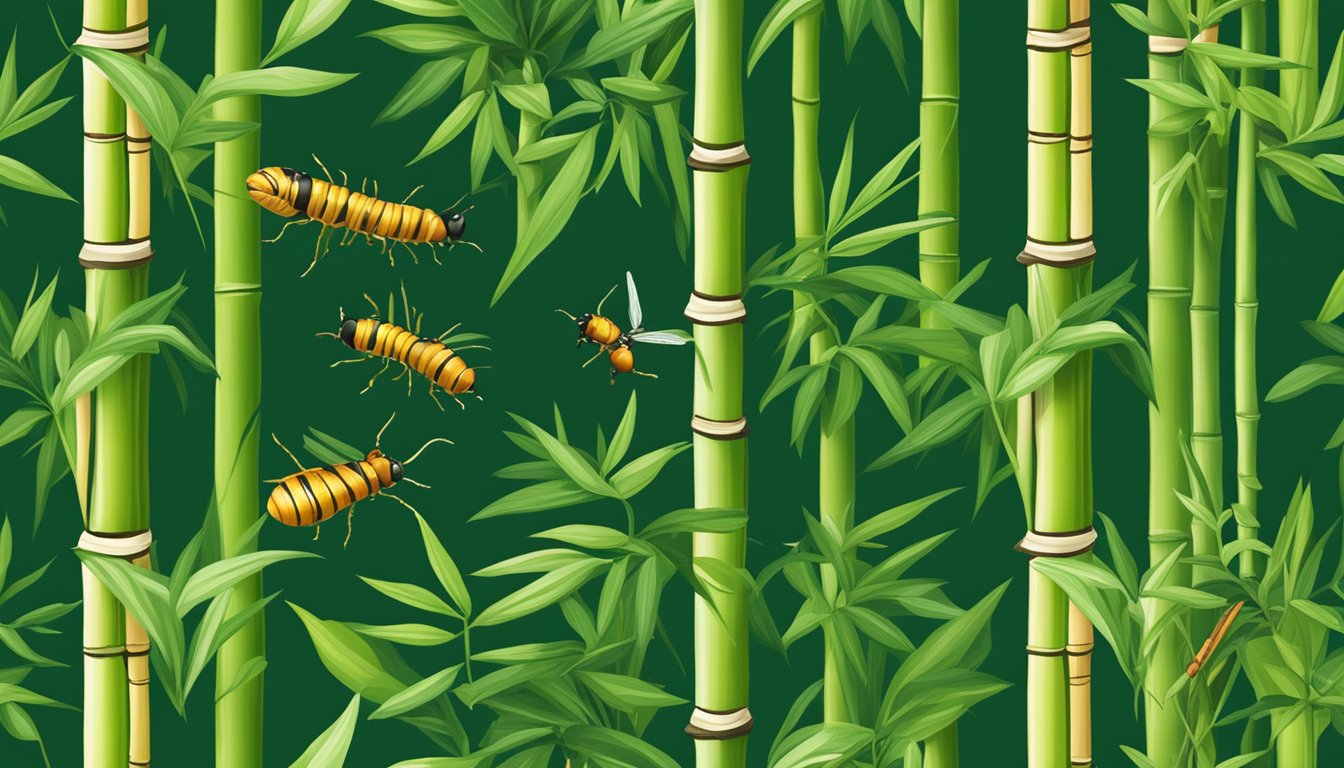 Bamboo worms crawling out of a bamboo stalk, surrounded by vibrant green leaves and small insects