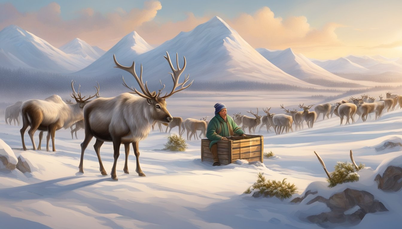 A group of reindeer grazing on a vast, snowy landscape, while a traditional nomadic herder collects milk from a reindeer in a wooden container