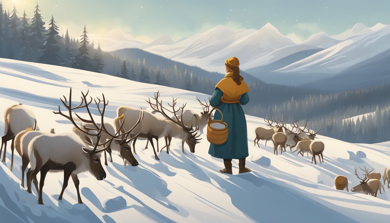 A group of reindeer grazing on a snowy hillside, while a woman collects milk in a wooden bucket. The milk is left to ferment in traditional wooden containers