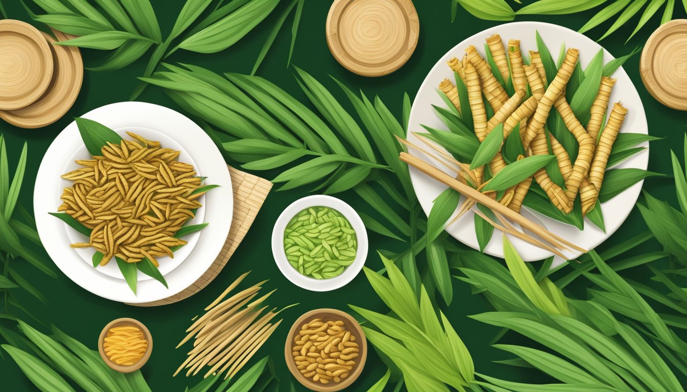 A pile of bamboo worms on a plate, surrounded by green bamboo leaves and other natural elements, showcasing the eco-friendly snack trend in Thailand