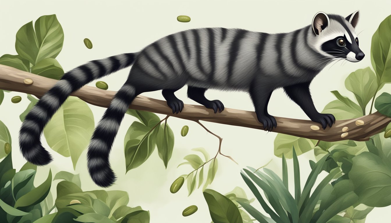 A civet perched on a tree branch, surrounded by lush greenery, with coffee beans scattered on the ground