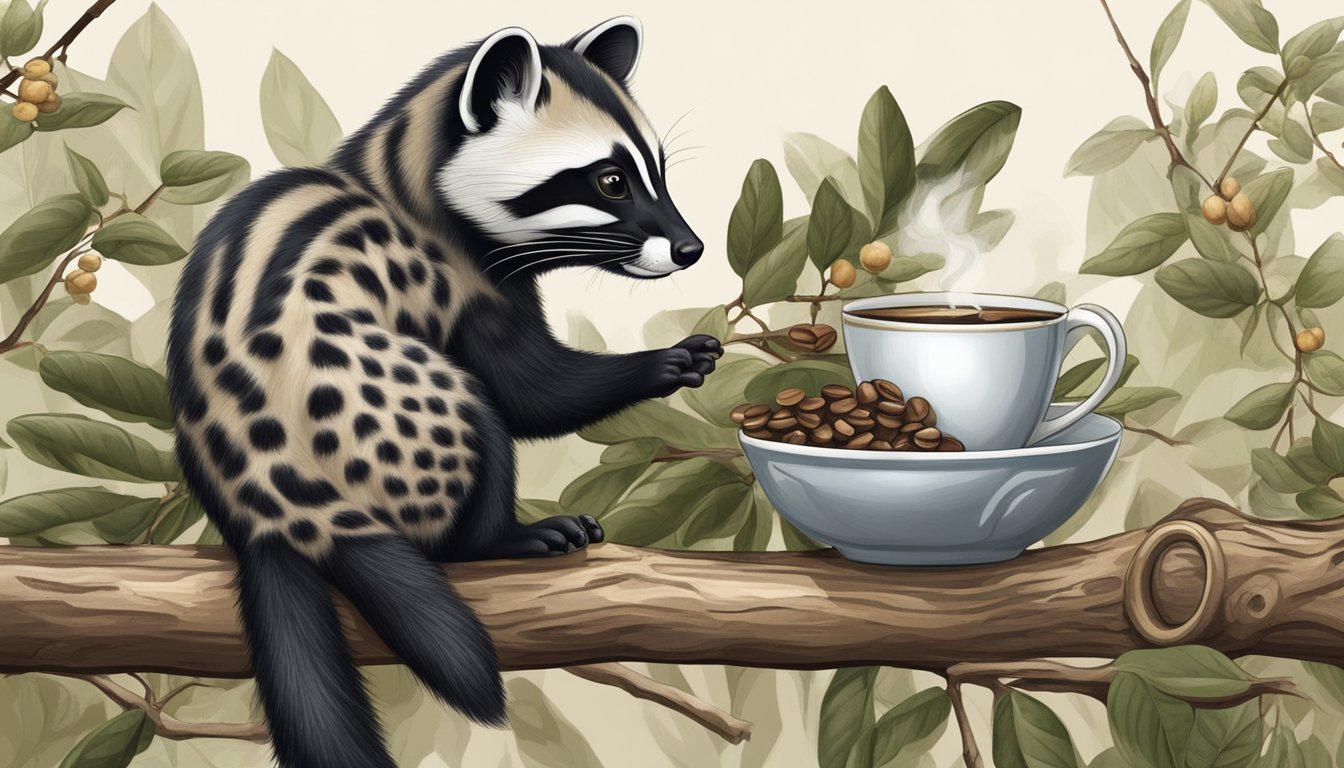 A civet perched on a branch, surrounded by coffee beans and a steaming cup