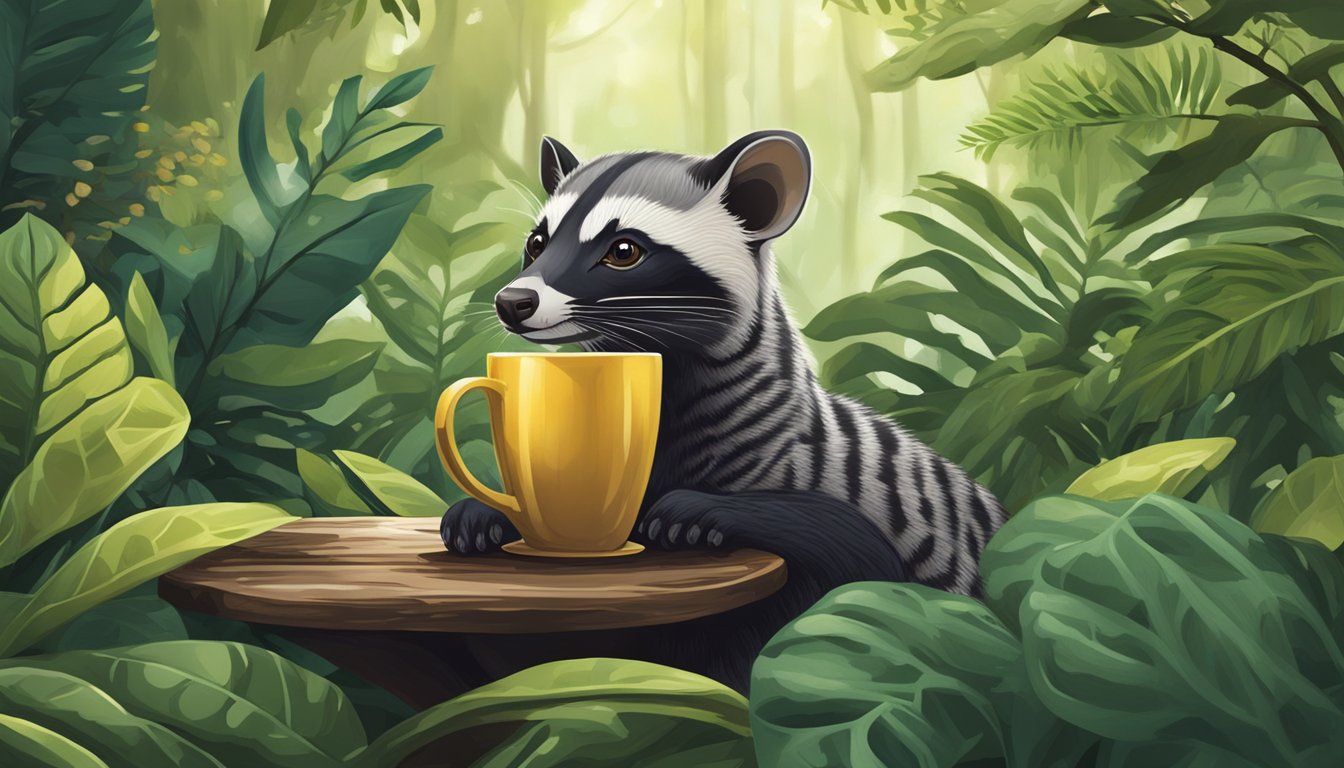 An illustration of a civet in a lush forest, surrounded by coffee plants and enjoying a cup of civet coffee