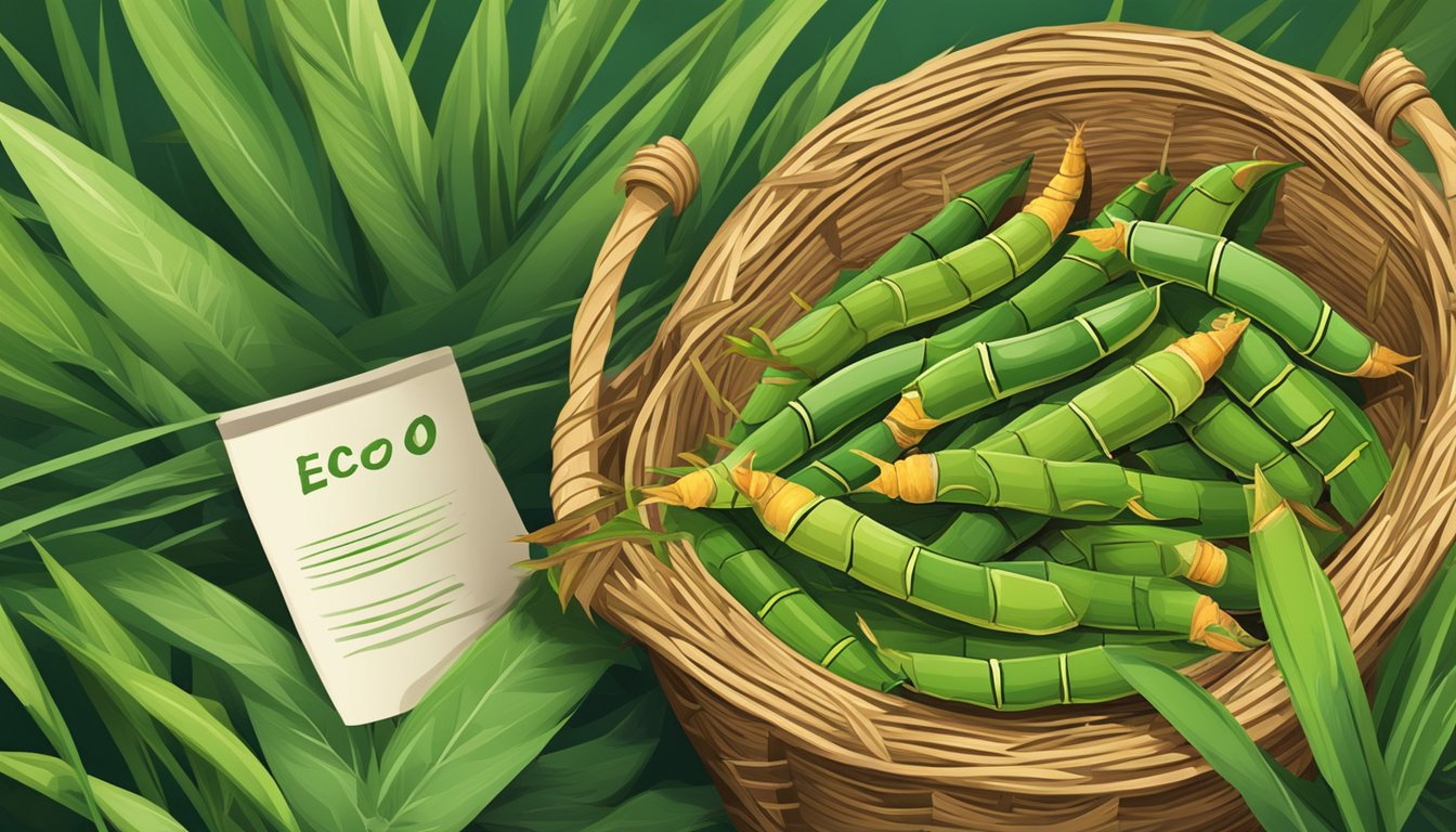 Bamboo worms crawling out of a woven basket, surrounded by vibrant green bamboo leaves and a small sign promoting eco-friendly snacking in Thailand