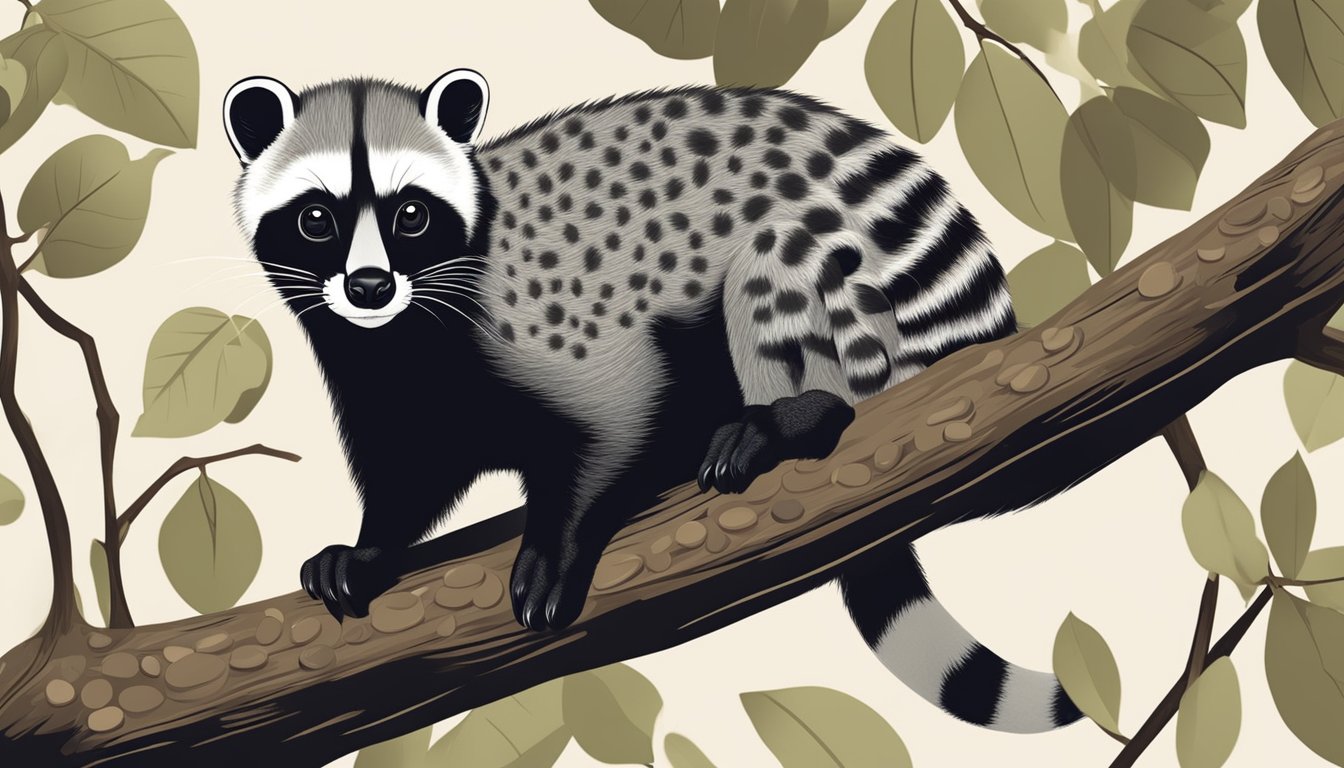 A civet perched on a tree branch, surrounded by coffee beans, with a cup of civet coffee steaming nearby