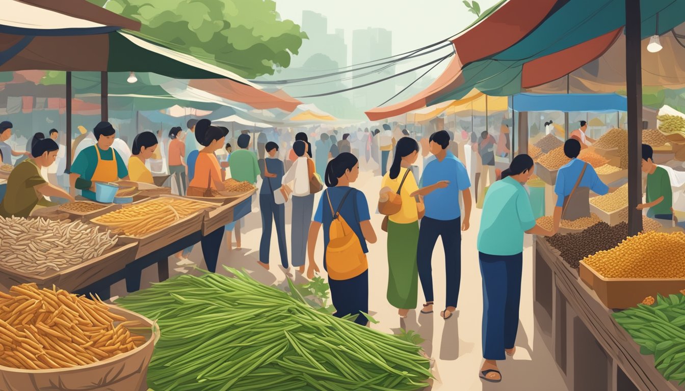 A bustling Thai market with vendors selling bamboo worms and other eco-friendly snacks, while consumers navigate the unique challenge of embracing this new food trend