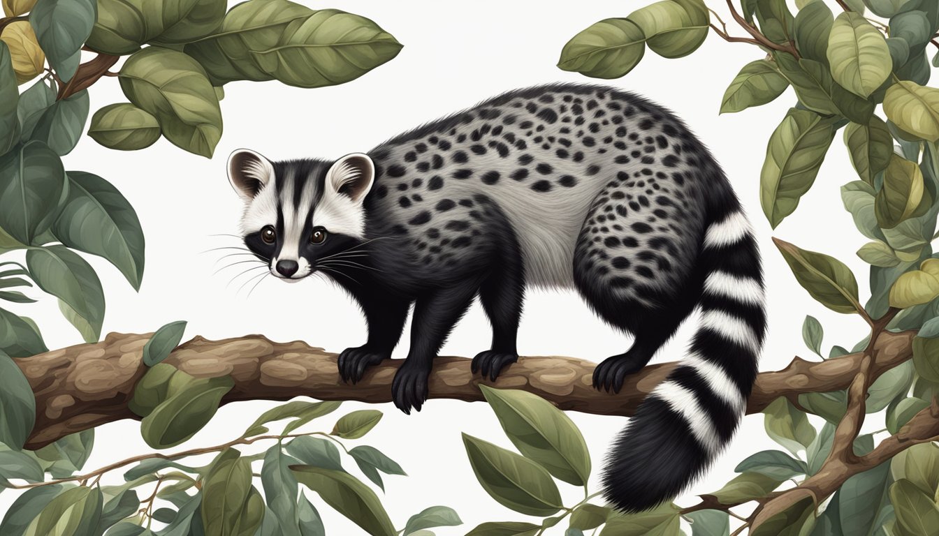 A civet perched on a branch, surrounded by coffee beans