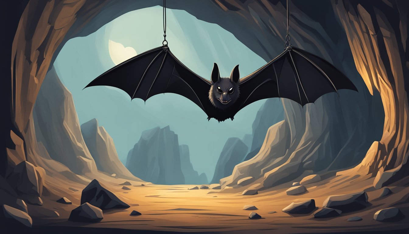 A bat hanging upside down in a dimly lit cave, surrounded by eerie shadows and mysterious rock formations